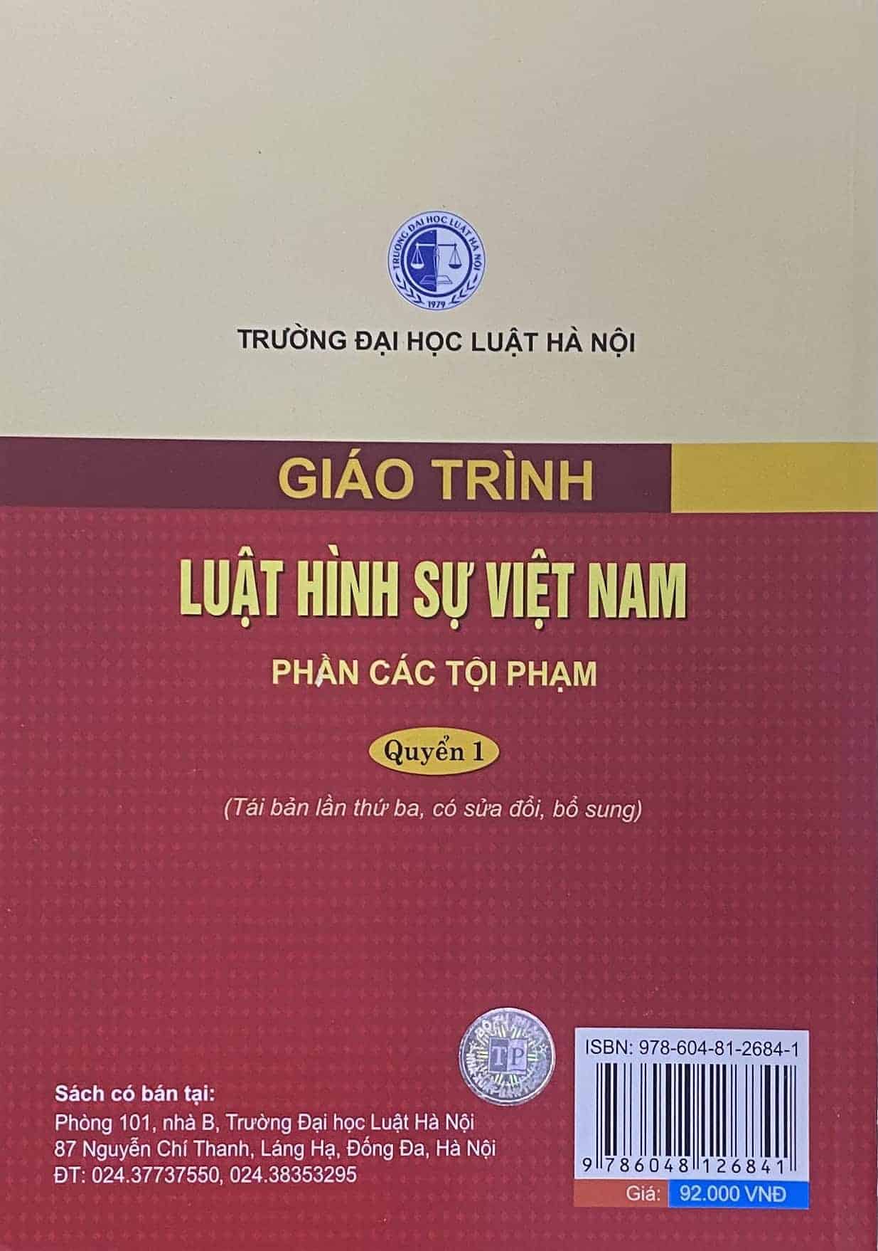 Giáo trình Luật Hình sự Việt Nam – Phần các tội phạm – Quyển 1 (Tái bản lần thứ ba, có sửa đổi, bổ sung) (HN)